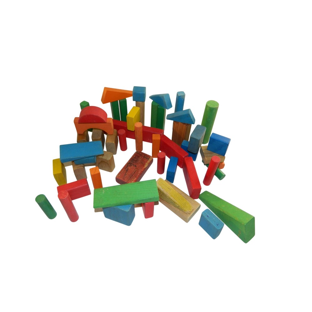 Vintage Playskool Wooden Building Blocks Kids OS Multicolor 3D Shapes 53pc Set